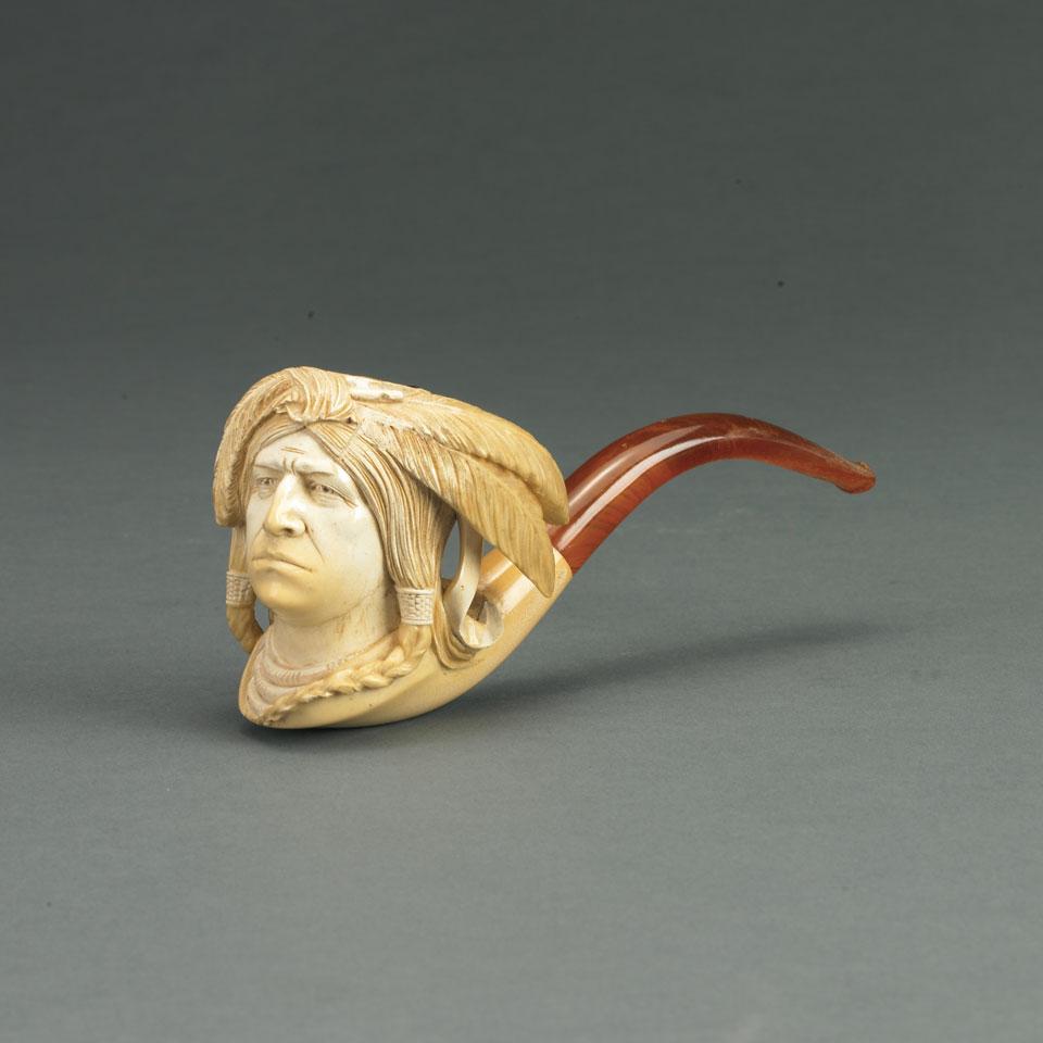 Carved Meerschaum Pipe Formed as the Head of an Indian Brave, late 19th century