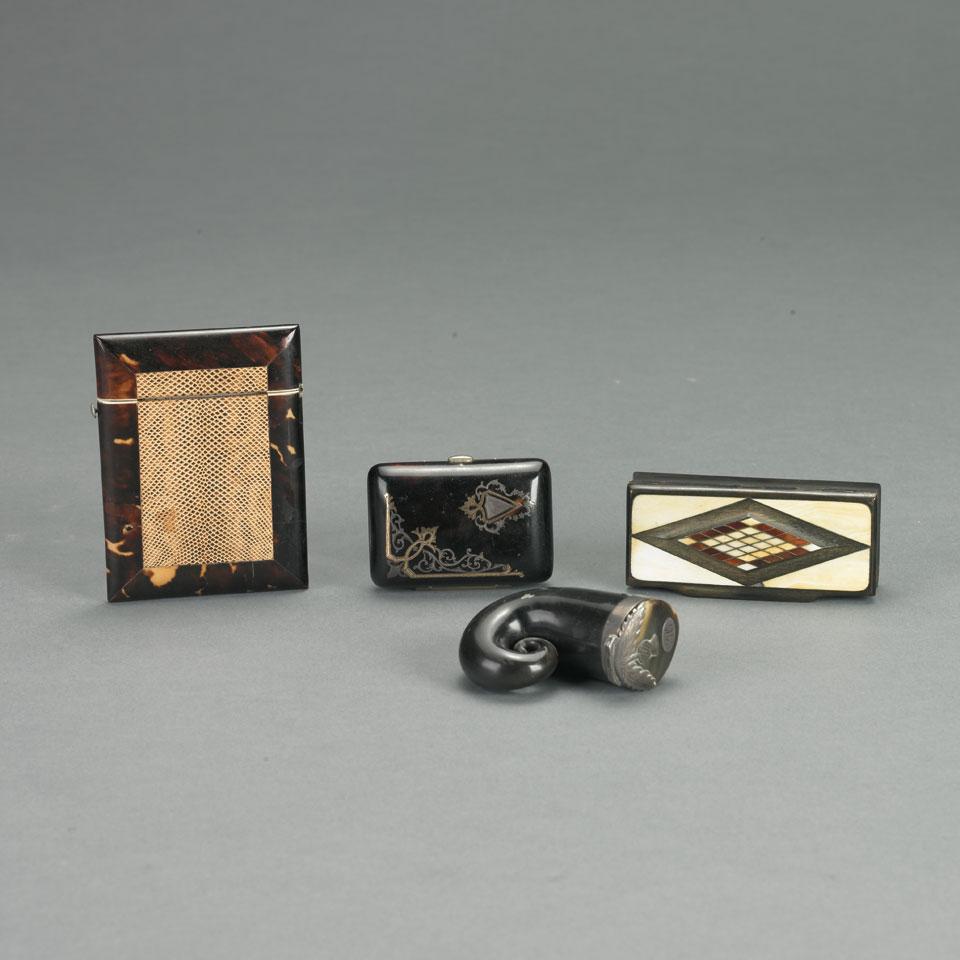 Two Tortoiseshell or Horn Boxes, Card Case and Snuff Mull, 19th century