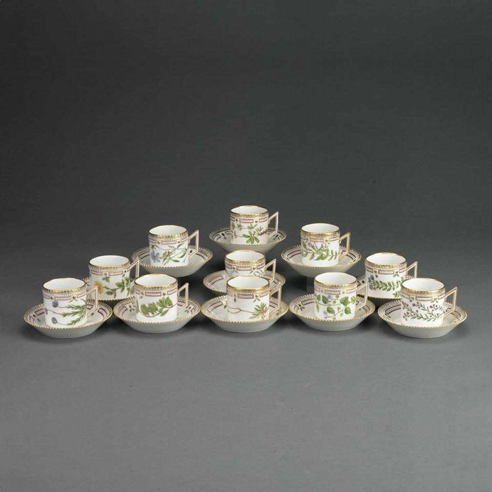 Eleven Royal Copenhagen ‘Flora Danica’ Coffee Cans and Saucers, 20th century
