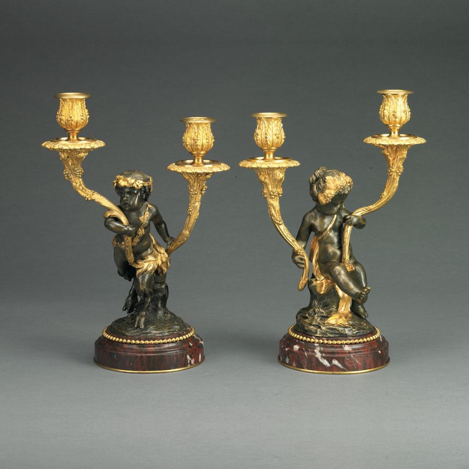 Pair of French Patinated and Gilt Bronze Two-Light Candelabra, 20th century