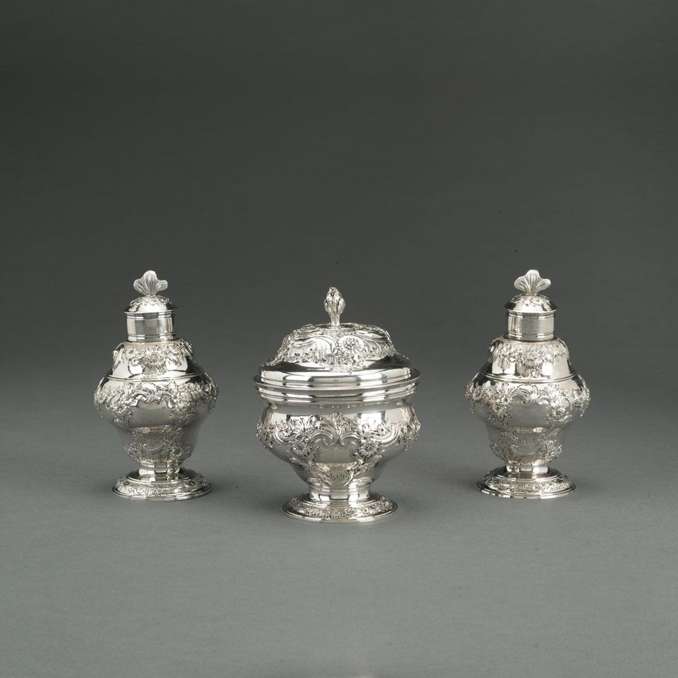 Pair of George II Silver Tea Caddies and Covered Sugar Bowl, Samuel Taylor, London, 1748