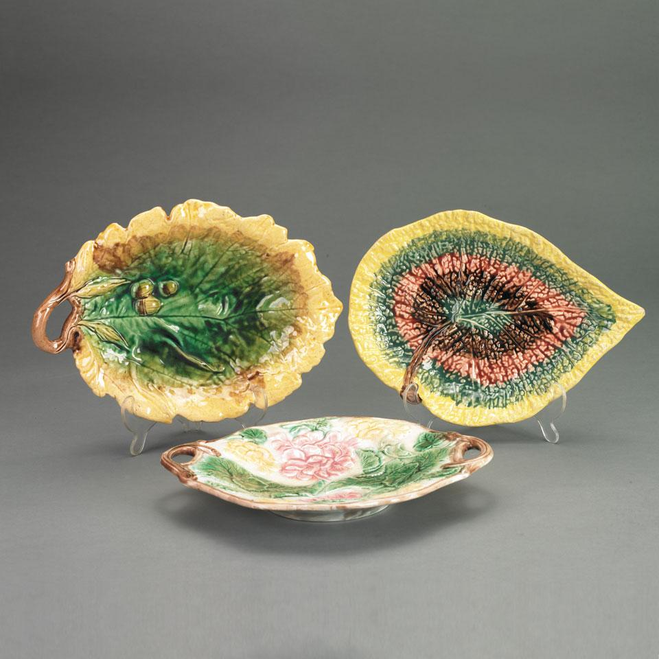 Etruscan Majolica Dish and Two Other Leaf Dishes, late 19th century