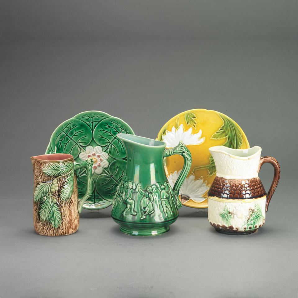 Three Continental Majolica Jugs and Two Plates, late 19th century