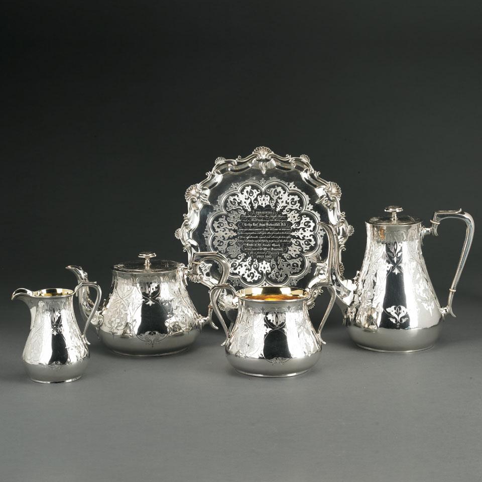 Victorian Silver Tea and Coffee Service and Salver, Henry Wilkinson, London, 1858 and Daniel & Charles Houle, 1860