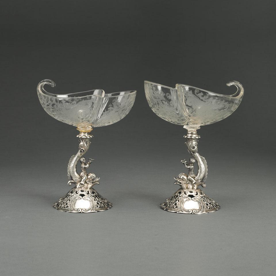 Pair of German Silver Mounted Etched Glass Nautilus Sweetmeats, c.1900