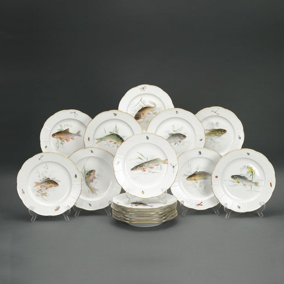 Fifteen Meissen Fish Plates and a Root Vegetable Plate, c.1900