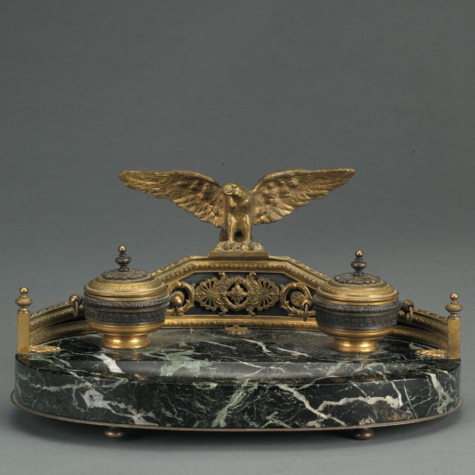 French Patinated and Gilt Bronze and Marble Inkstand, late 19th century