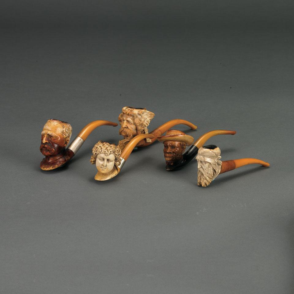 Five Carved Meerschaum Pipes Formed as Male Heads, late 19th century