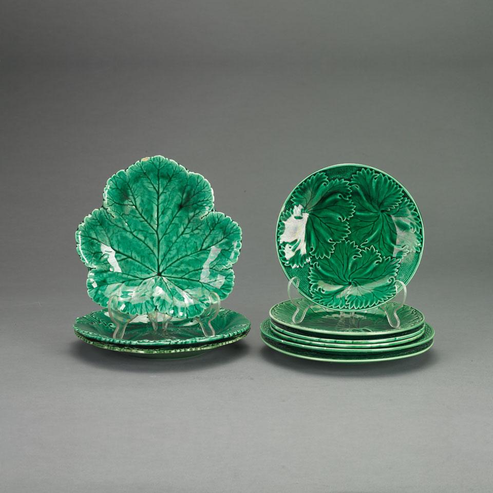 Eight Various Green Glazed Majolica Leaf Plates and a Dish, late 19th/early 20th century