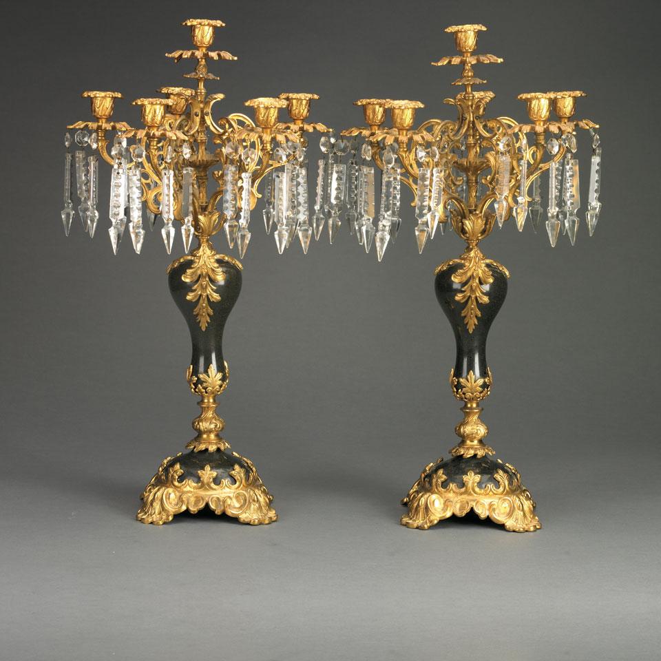 Pair of French Gilt Bronze, Cut Glass and Marble Six-Light Candelabra, late 19th century