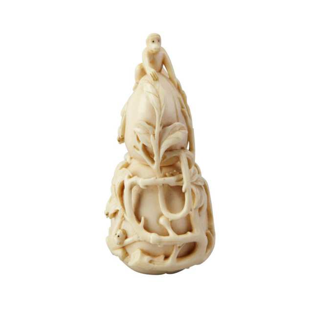 Rare Ivory Carved Double Gourd and Monkeys Ornamental Container, 18th/19th Century