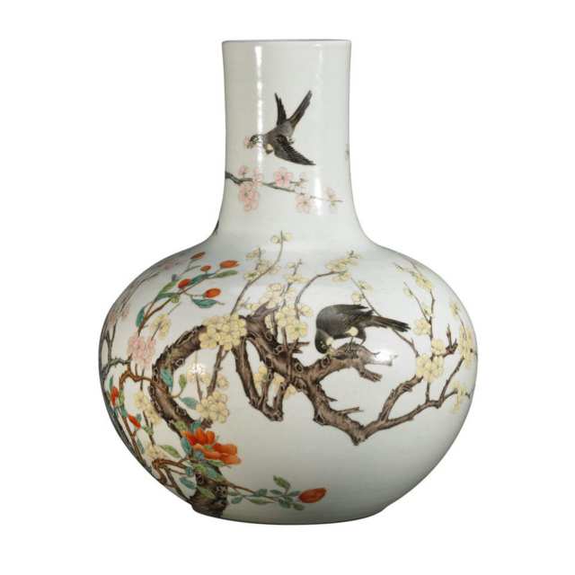 Famille Rose ‘Bird and Flower’ Vase, Qianlong Mark, 19th/20th Century