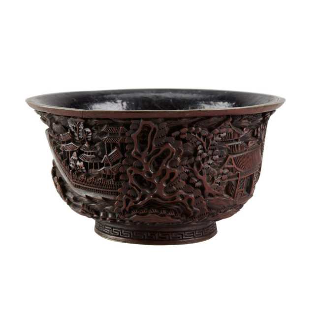 Carved Cinnabar Lacquer Landscape Bowl, Late 19th Century