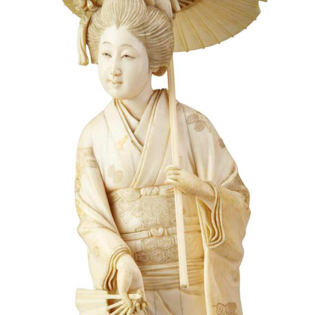 Ivory Carved Okimono of a Lady with Parasol, Circa 1900