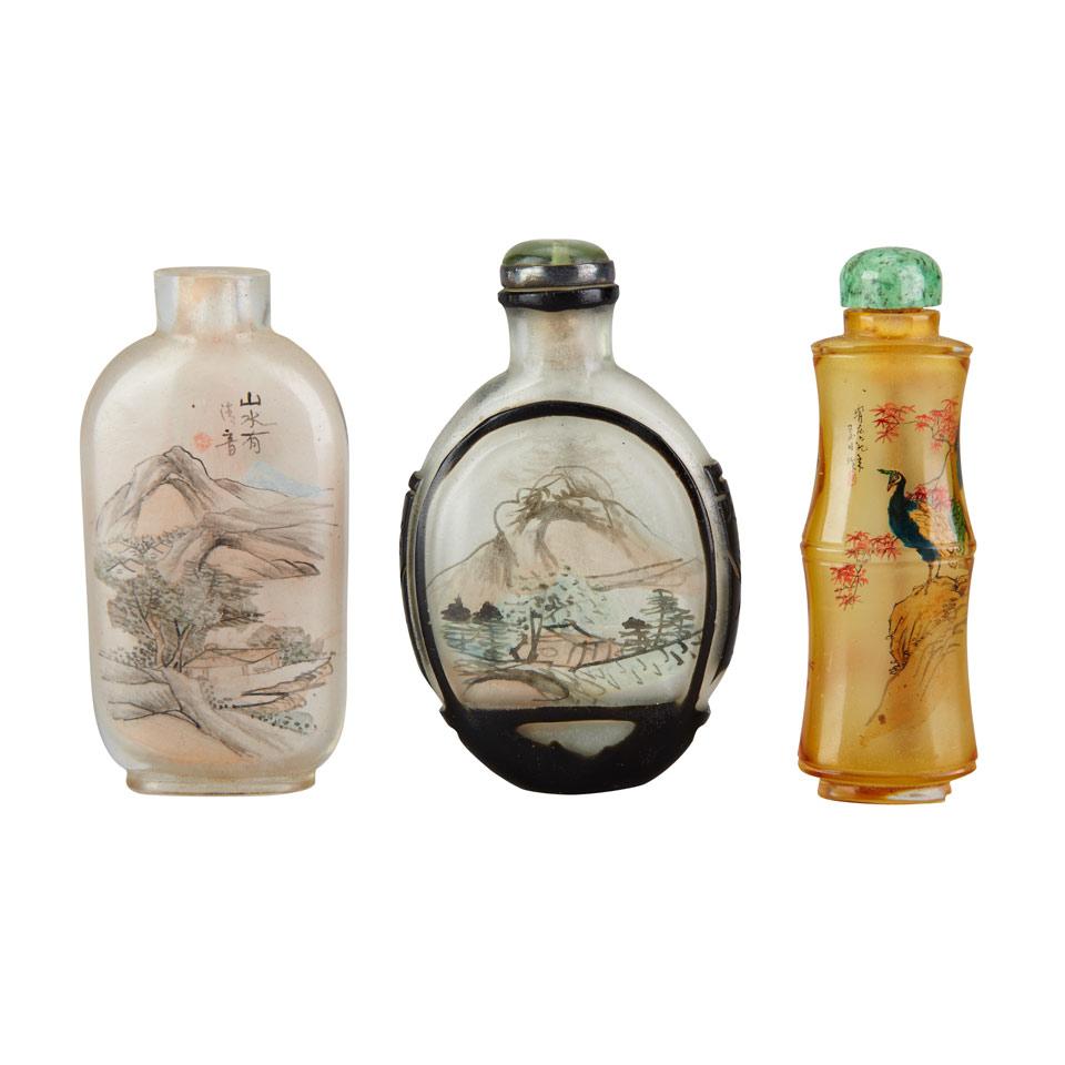 Three Interior Painted Glass Snuff Bottles, Early 20th Century