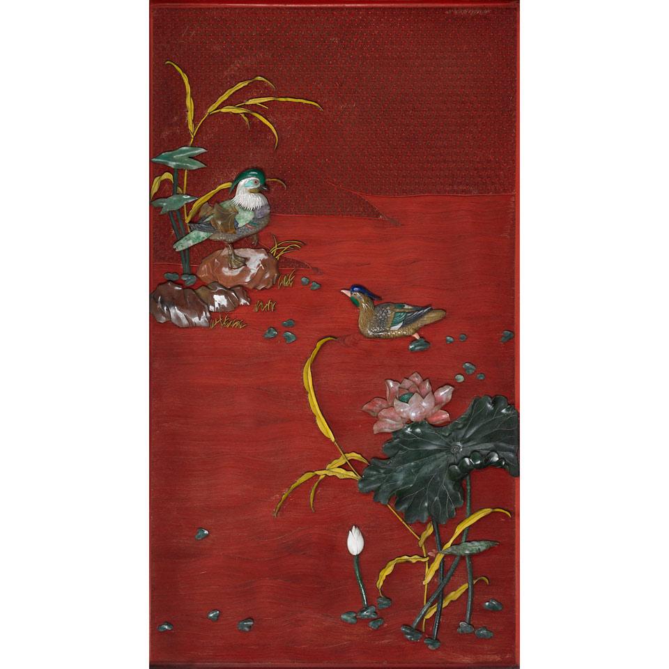 Pair of Cinnabar Lacquer Panels with Hardstone Birds
