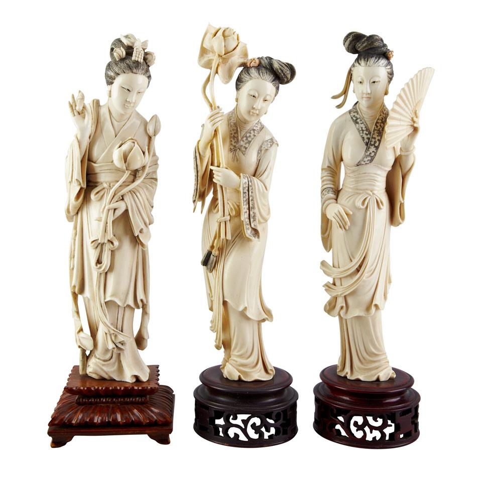 Three Ivory Carved Ladies, Late Qing Dynasty