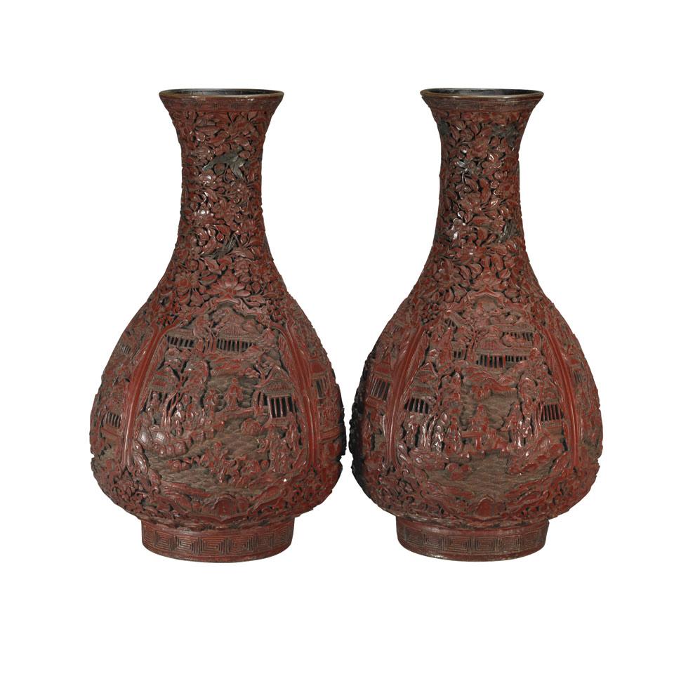 Pair of Carved Cinnabar Lacquer Vases, Qianlong Mark, 19th Century