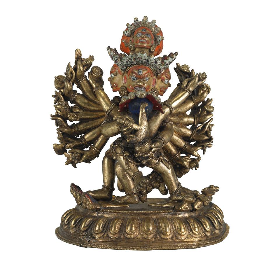 Gilt Bronze Figure of Multi-Armed Mahakala in Yab-Yum, Tibet, 19th/20th Century