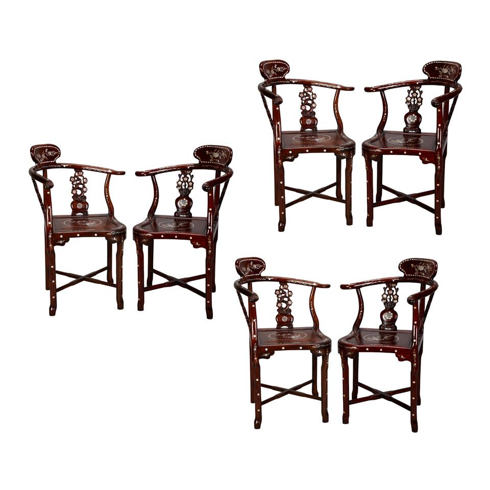 Six Rosewood and Mother-of-Pearl Corner Chairs