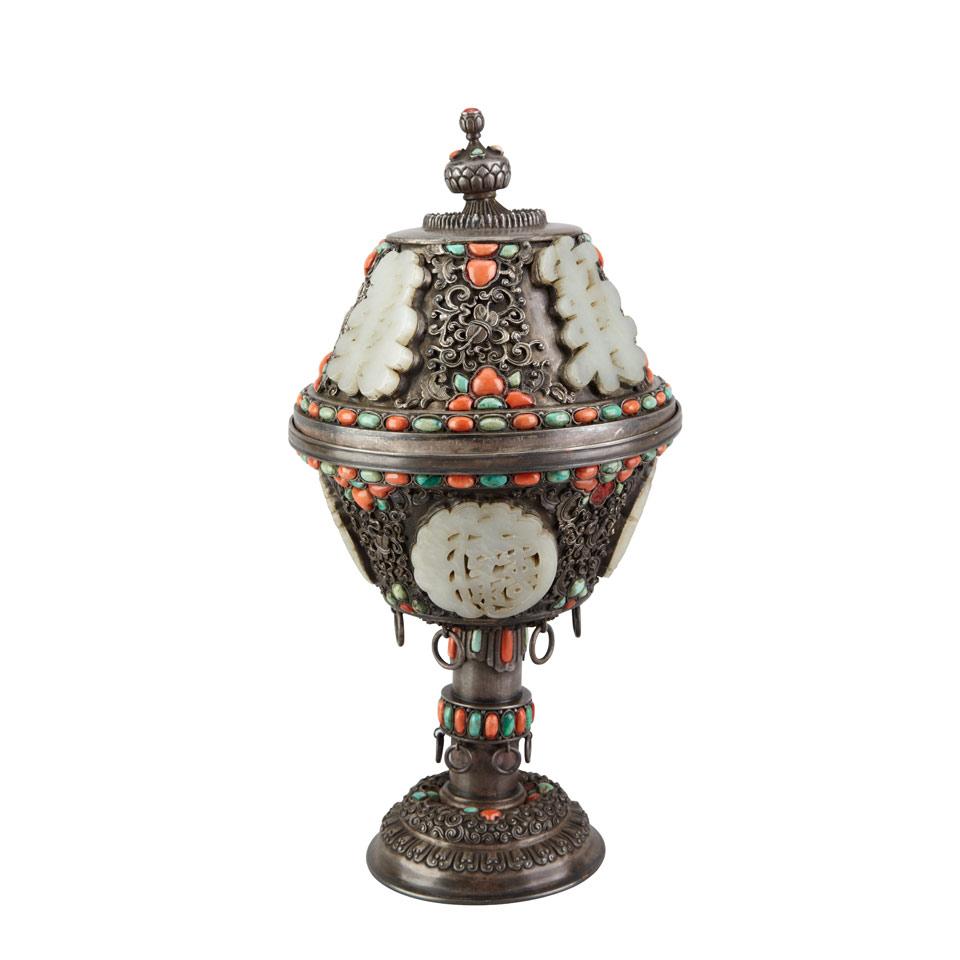 Rare Silver and Jade Container, Tibet or Mongolia, Circa 1900