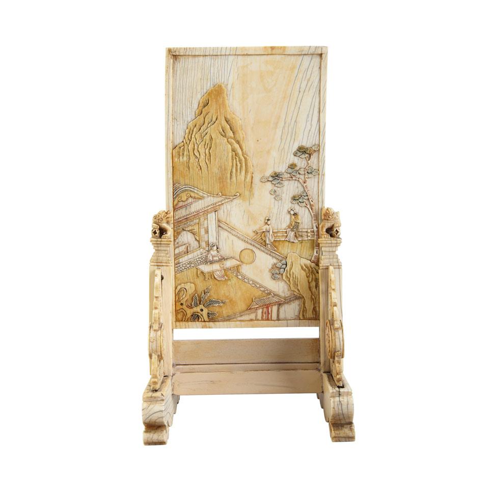 Tinted Ivory Carved Table Screen and Stand, 19th Century