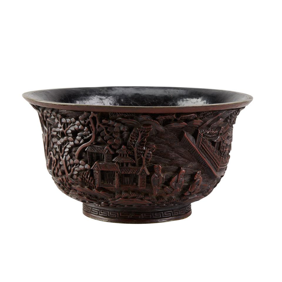 Carved Cinnabar Lacquer Landscape Bowl, Late 19th Century