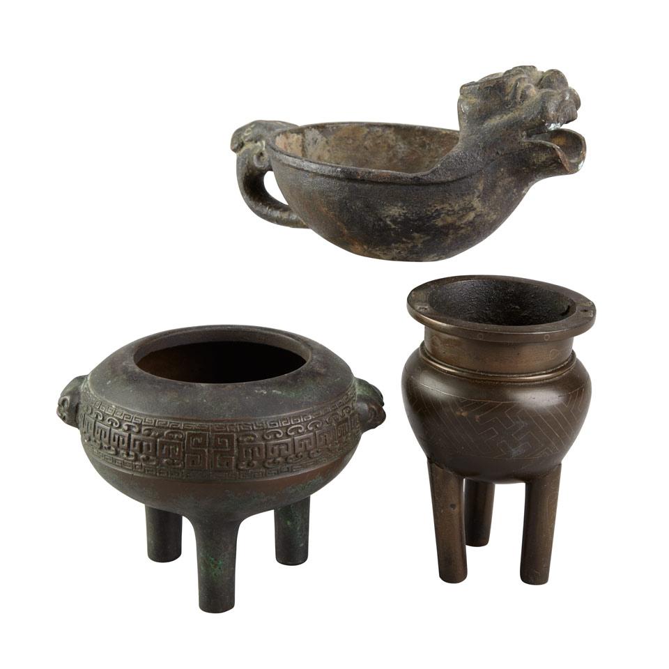 Group of Three Bronze Censers, Qing Dynasty, 18th Century and Later