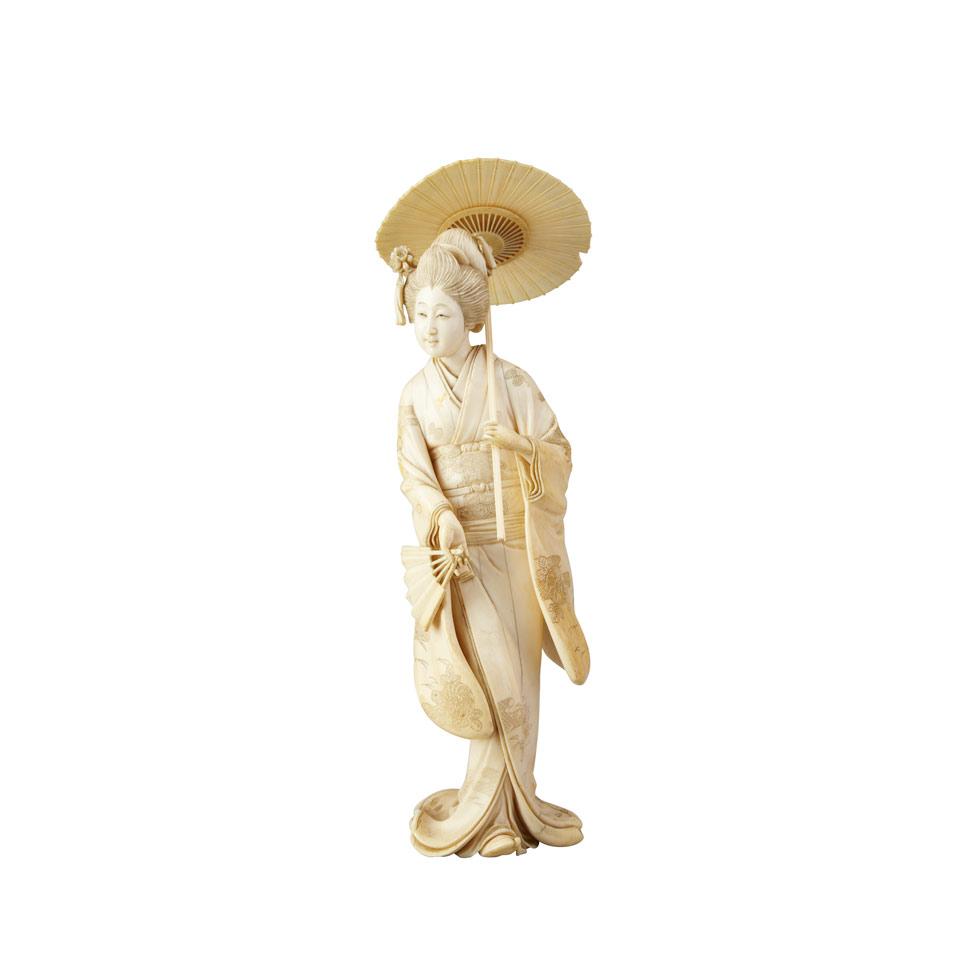 Ivory Carved Okimono of a Lady with Parasol, Circa 1900