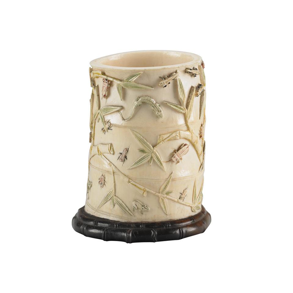 Tinted Ivory Carved Brushpot, Early 20th Century