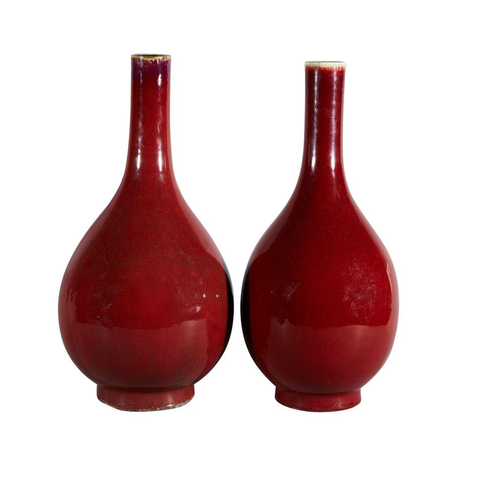 Pair of Large Oxblood Glazed Bottle Vases, Early 20th Century