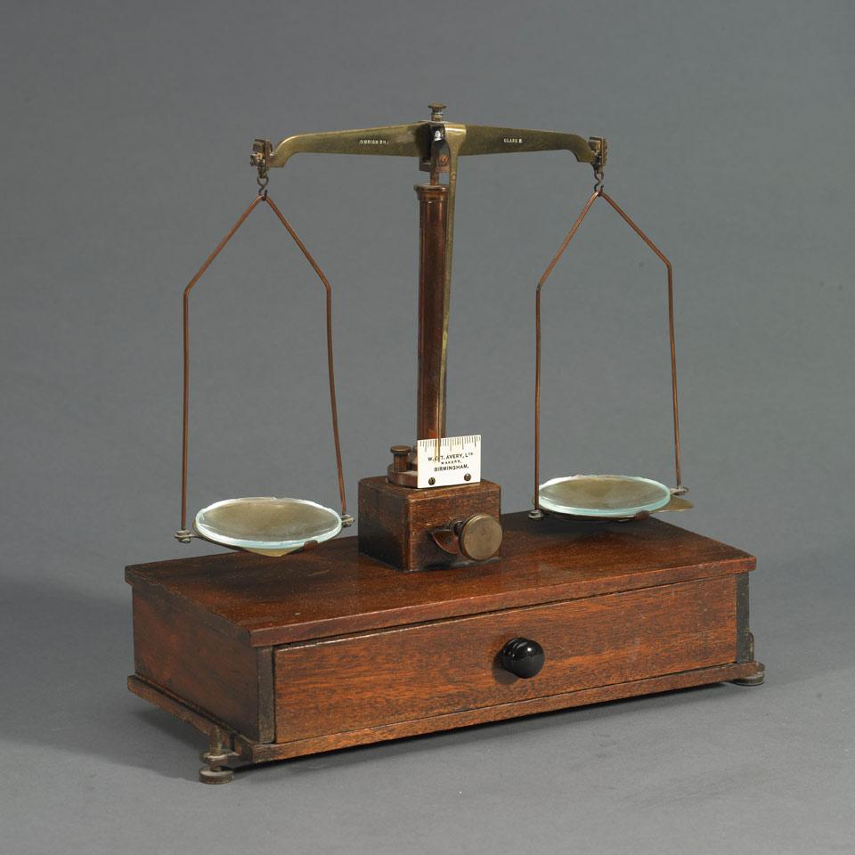 English Brass, Copper and Mahogany Apothecary Scale, W. & T. Avery, Birmingham, c. 1920