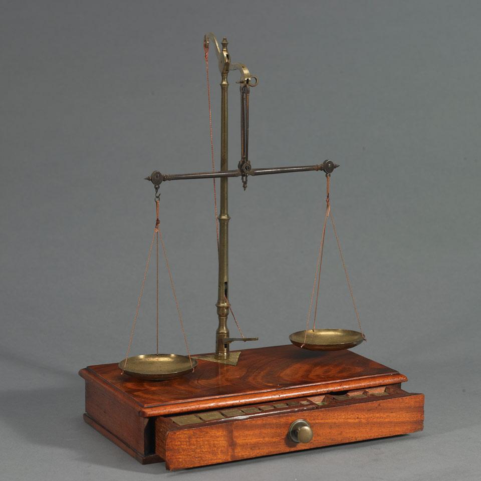 English Lacquered Brass and Mahogany Beam Balance Scale, 19th century