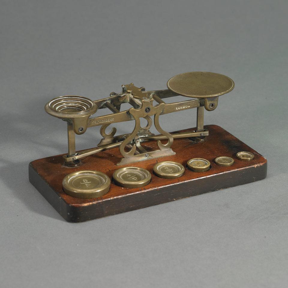 English Brass and Mahogany Postal Scale, S. Mordan & Co., London, 19th century