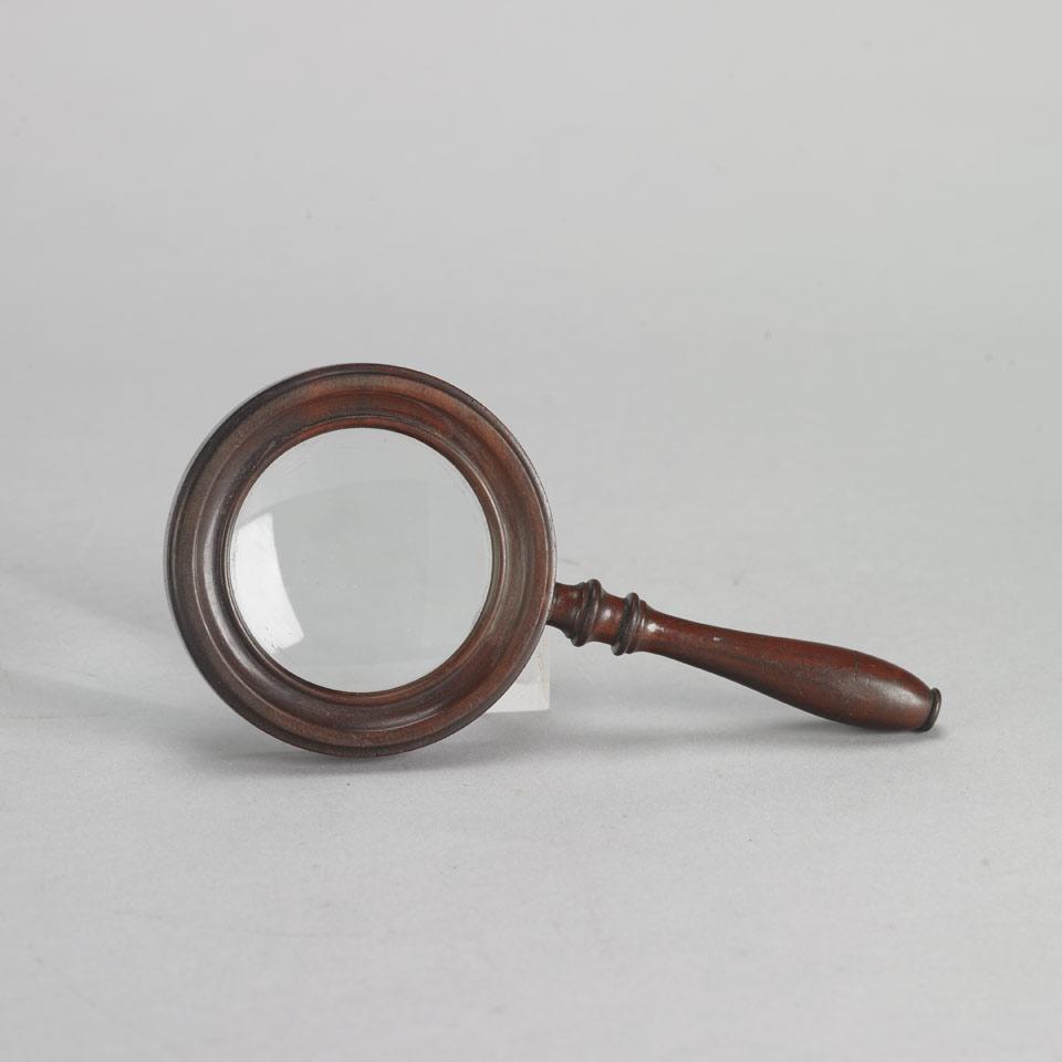 English Turned Mahogany Magnifying or Gallery Glass, 19th century
