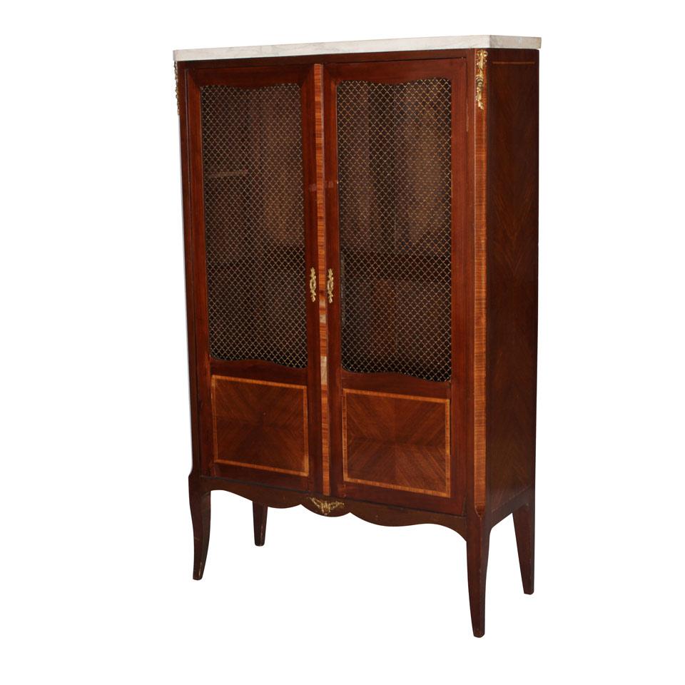 Napoleon III Transitional Style Mahogany and Parquetry Side Cabinet with metal grill panelled doors and marble top