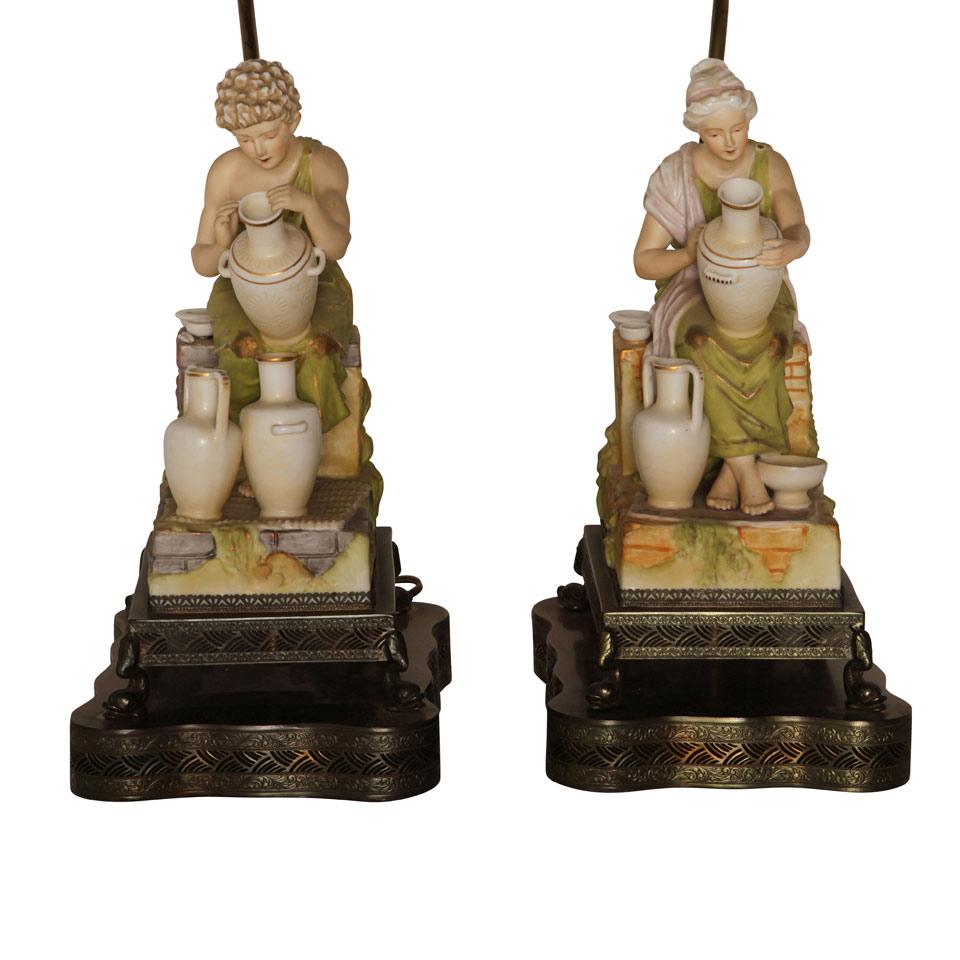 Pair of Royal Dux “ Potters “ figural table lamps