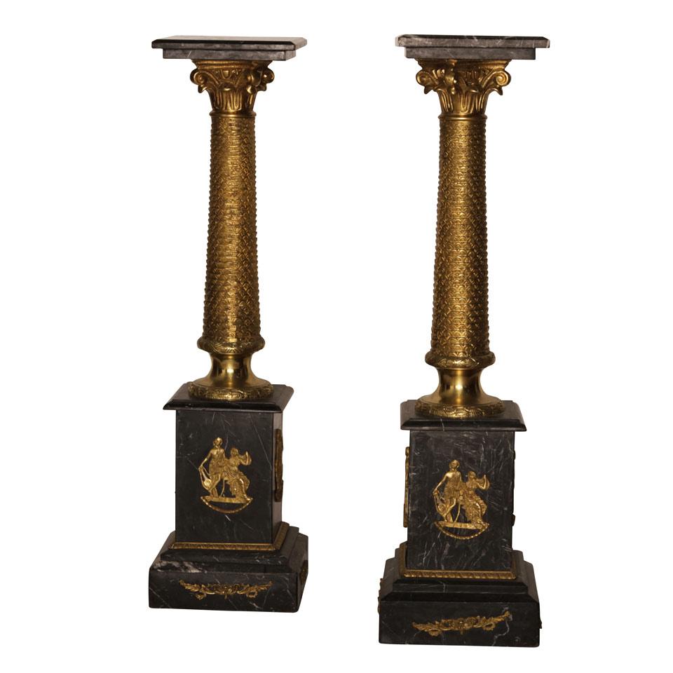 Pair of Empire Style Ormolu and Figured Black Marble Pedestal Stands