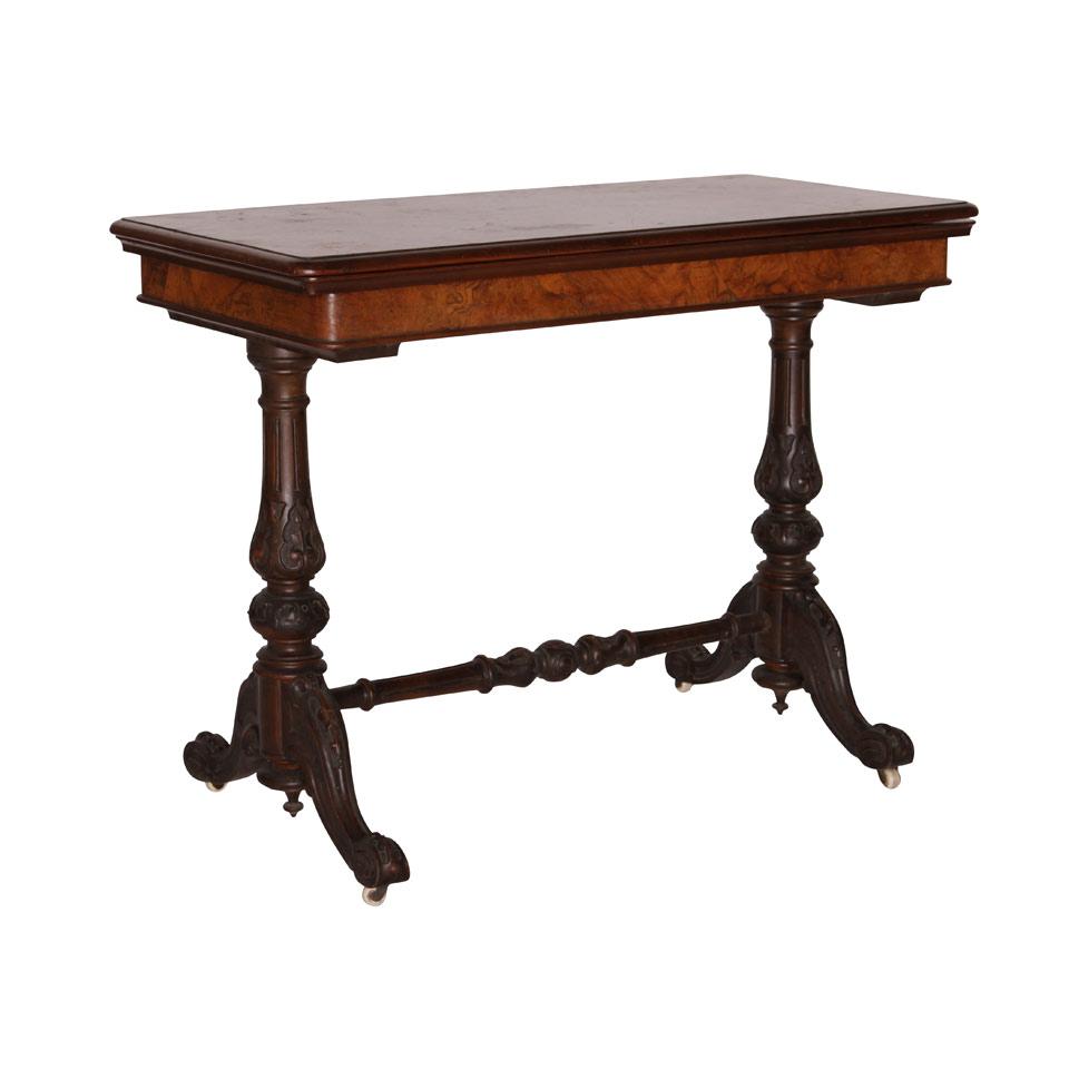 Victorian Burl Walnut Fold Over Games Table with trestle base