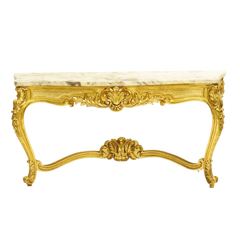 Louis VX Style Giltwood Serpentine Console Table with mottled white marble top