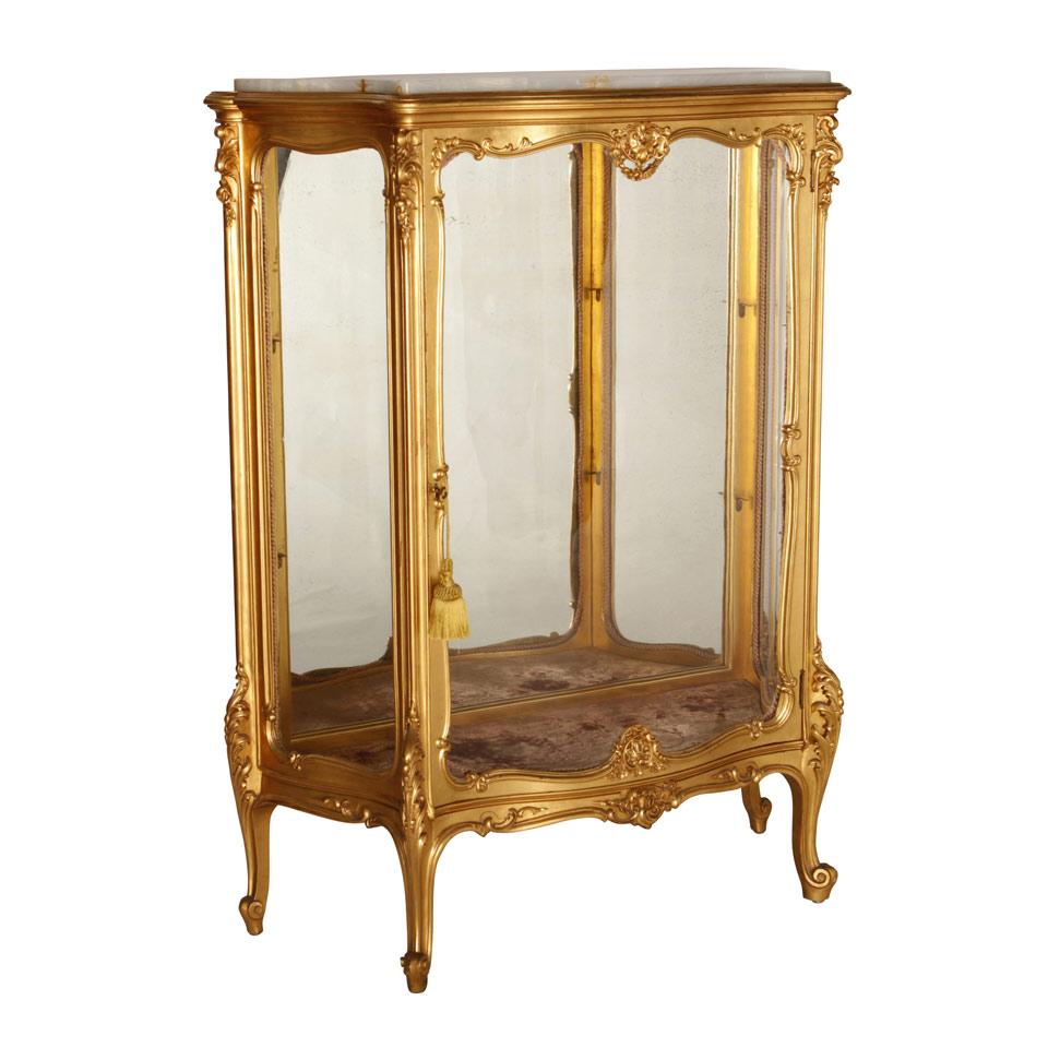 Louis XV Style Serpentine Form Giltwood Vitrine Cabinet with marble top