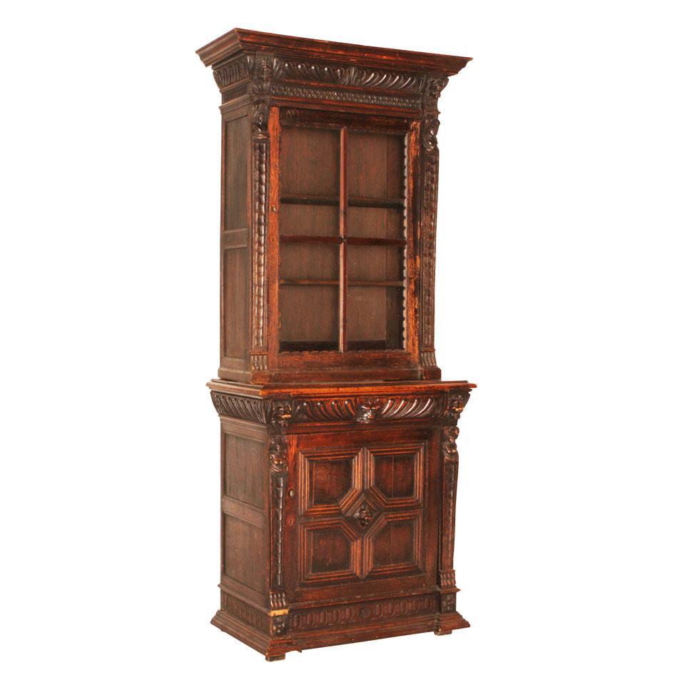 Late Victorian Oak Library Bookcase with carved figural appliques
