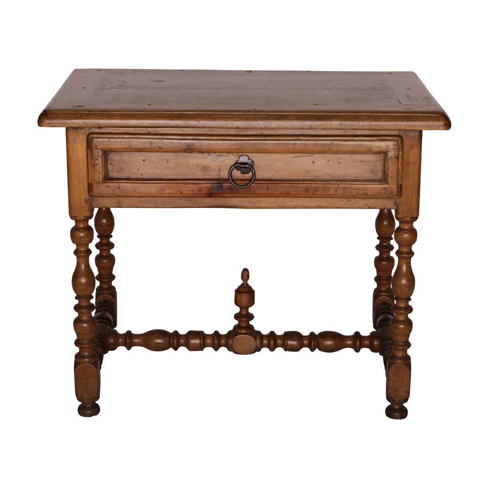 Late 18th c. Quebec Pine Work Table with bobbin turned legs, fitted with drawer