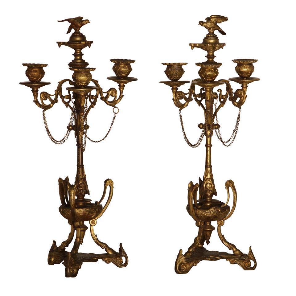 Pair of French Gilt Bronze Aesthetic Movement Three Light Candelabra, 19th century