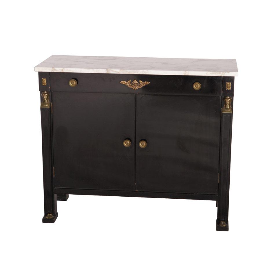 Empire Revival Style Black Lacquered Side Cabinet with white marble top