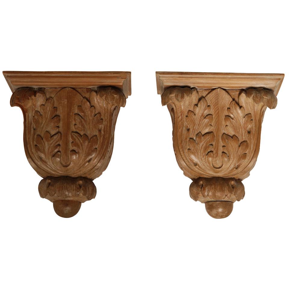 Pair of Carved Pine Acanthus Leaf Wall Brackets, 19th century