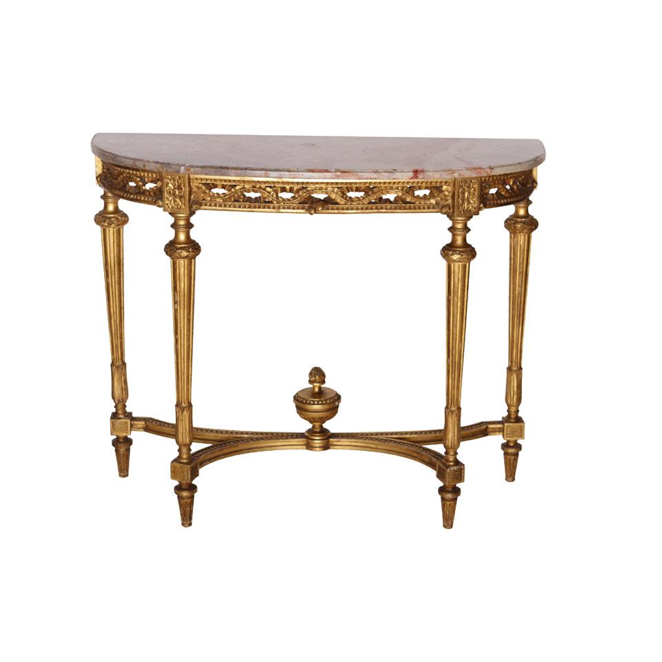 Louis XVI Style Giltwood Demi Lune Coffee Table with marble top and stretcher supports