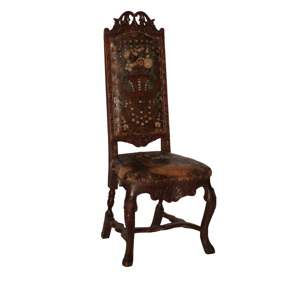 Nineteenth Century Continental Oak High Back Hall Chair with embossed leather upholstery 