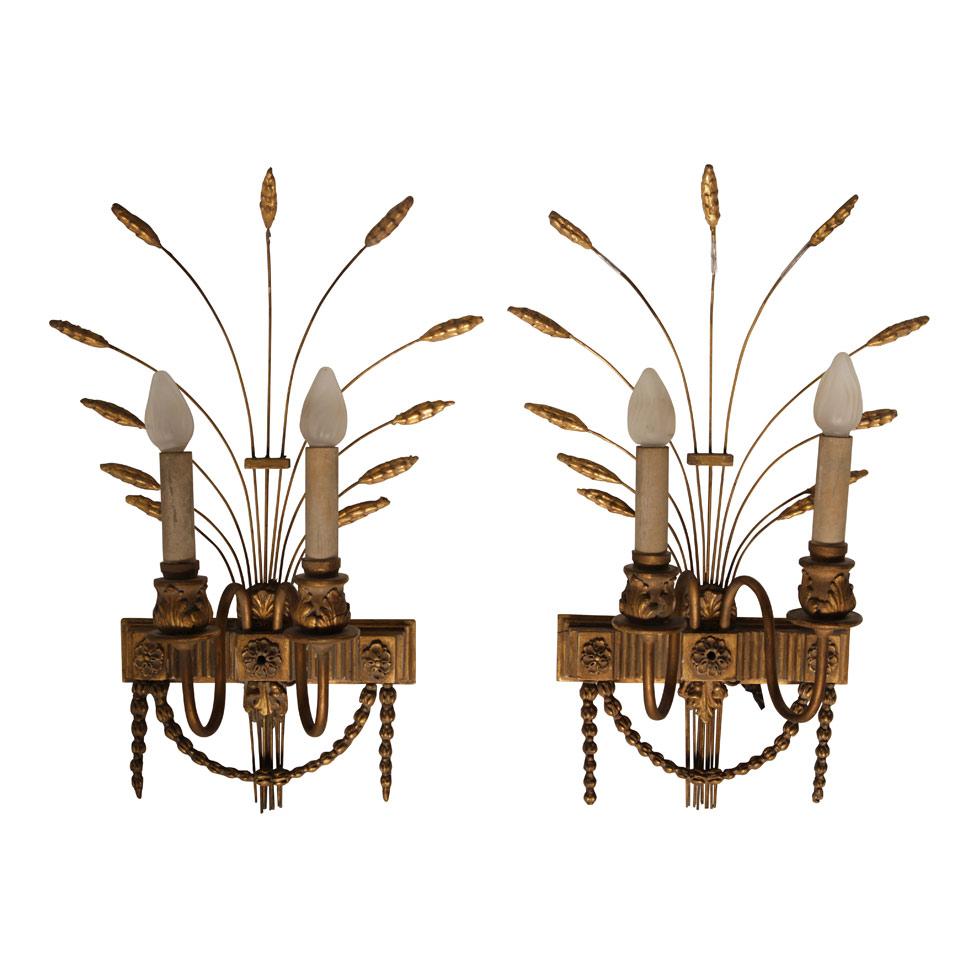 Pair of Giltwood and Wire Work Neoclassical Wheat Sheaf Form Two Light Wall Sconces, early 19th century