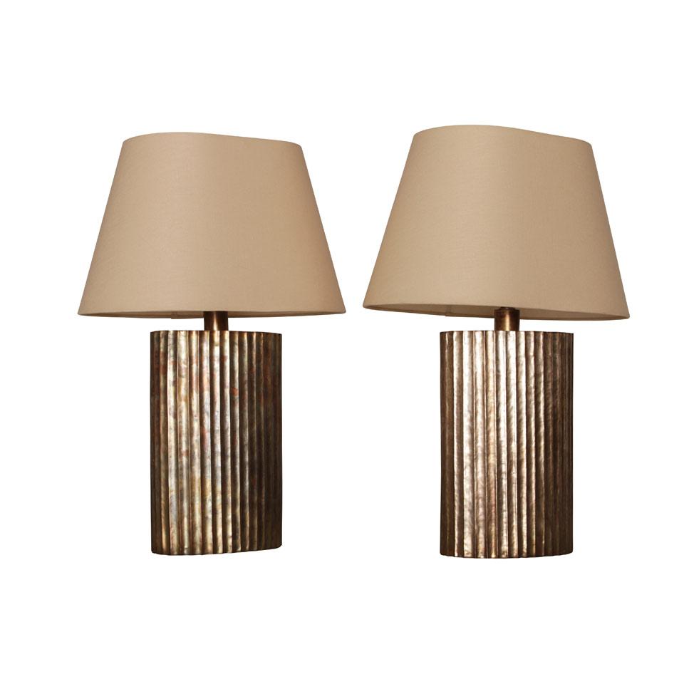 Pair of Silvered Bronze Fluted Oval Column Form Table Lamps, 20th century